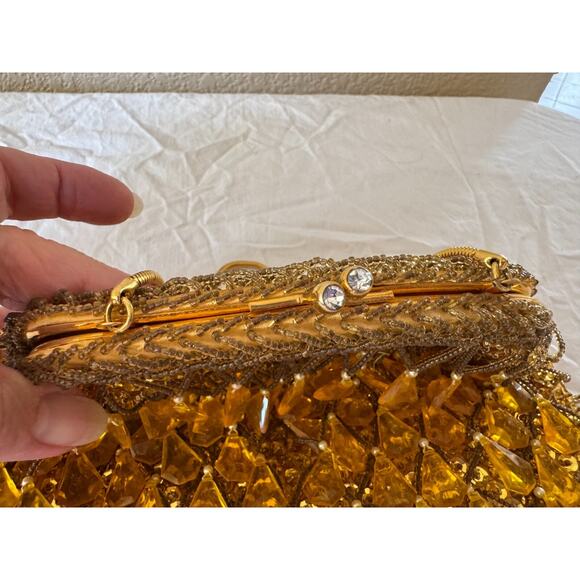 Vtg Richere Bag by Walborg Dangle Beads Sequins Yellow Gold Purse Evening Bag - Picture 5 of 10